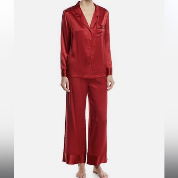 Neiman Marcus Intimates Red 100% Silk Pajamas 2pc Set Bottoms Pants Top Shirt - Picture 3 of 15